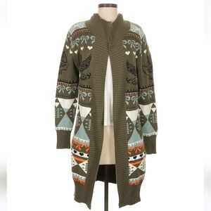 Yumi Kyla Cardigan in Green with An Ikat-Vogel (Ikat-Bird) Print, Cotton Blend S